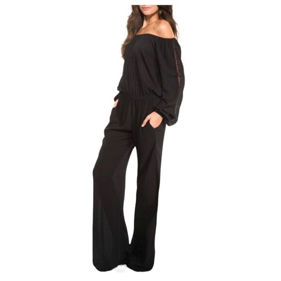 BLACK Off Shoulder wide Leg Jumpsuit - Picture 1 of 8